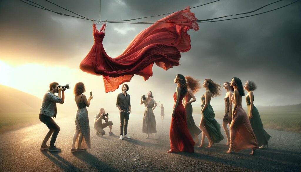 Foule de femmes et de photographes admirant une somptueuse Flying dress Rouge accroché à un fil au dessus de leurs têtes.