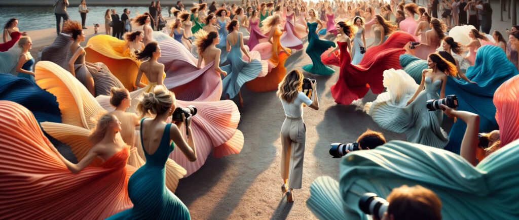 Une photographe se trouve au milieu d'une foule de clientes qui ne demande qu'à faire une séance photo de flying dress