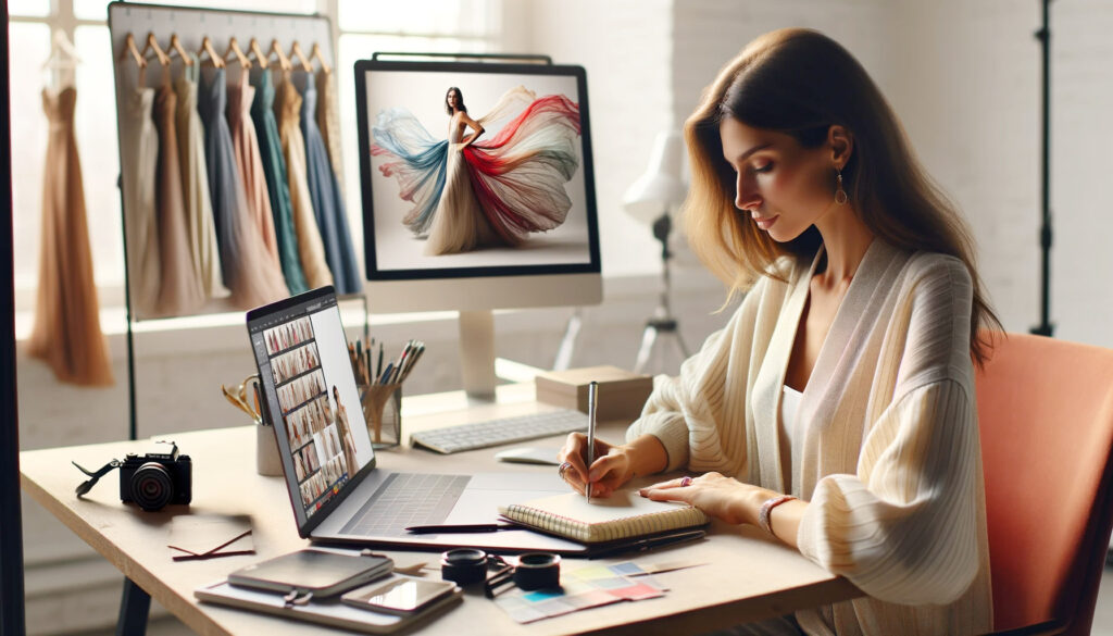 Une photographe assise à son bureau en train de planifier sa séance photo de flying dress